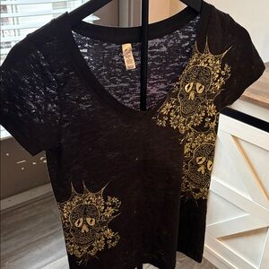 Abella Black V-Neck Tee with Gold Graphic